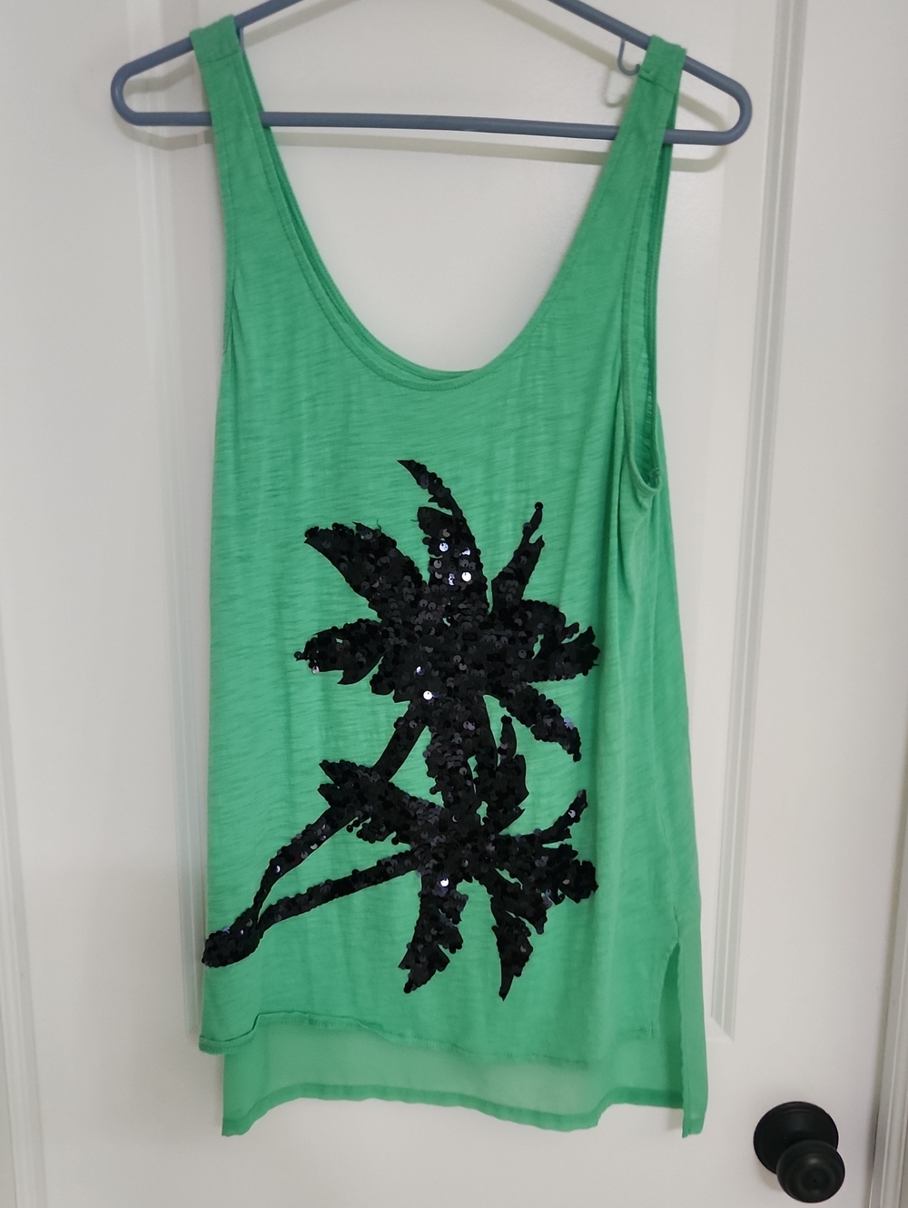 Express Green Tank Top with Black Sequin Palm